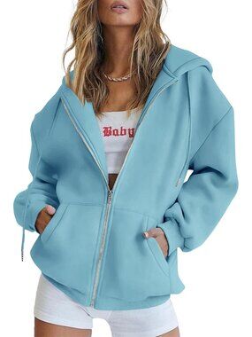 Women's Lake Blue Long Sleeve Pockets Zip Up Hoodies Sweatshirts Track Jackets